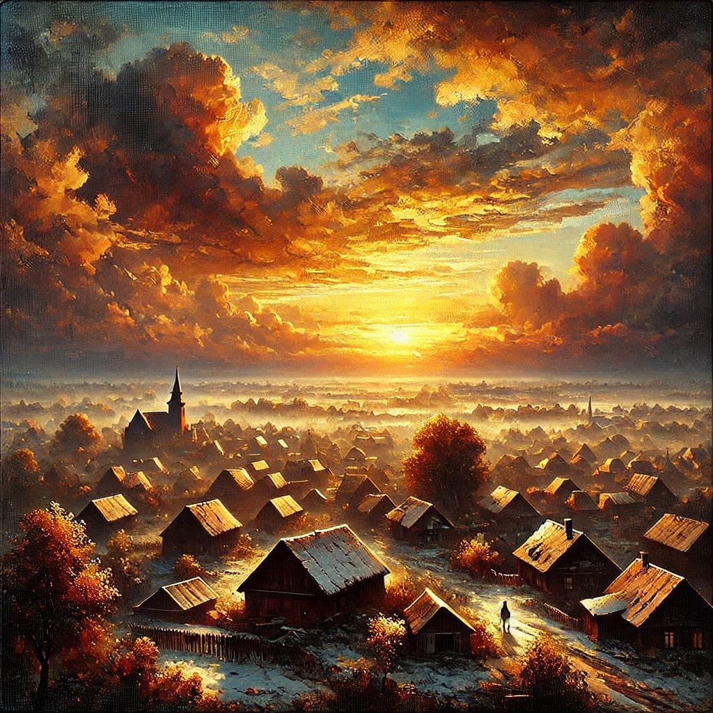 The purpose of art: A beautiful sunset over the village, captured in the painting