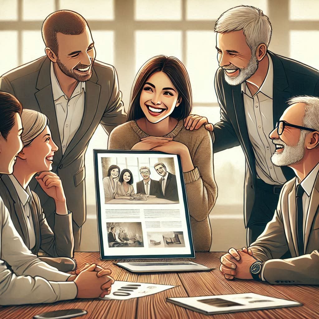 A business meeting where Maya presents her work to a group of clients