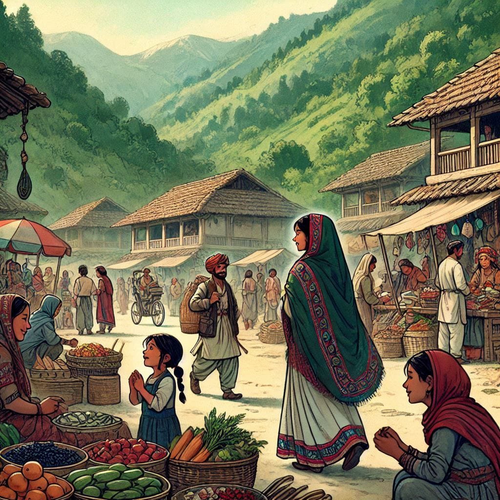 Happiness is not something ready: A bustling village marketplace surrounded by lush green hills.