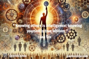 Knowing others is intelligence: A central figure holding up a mirror to their own face