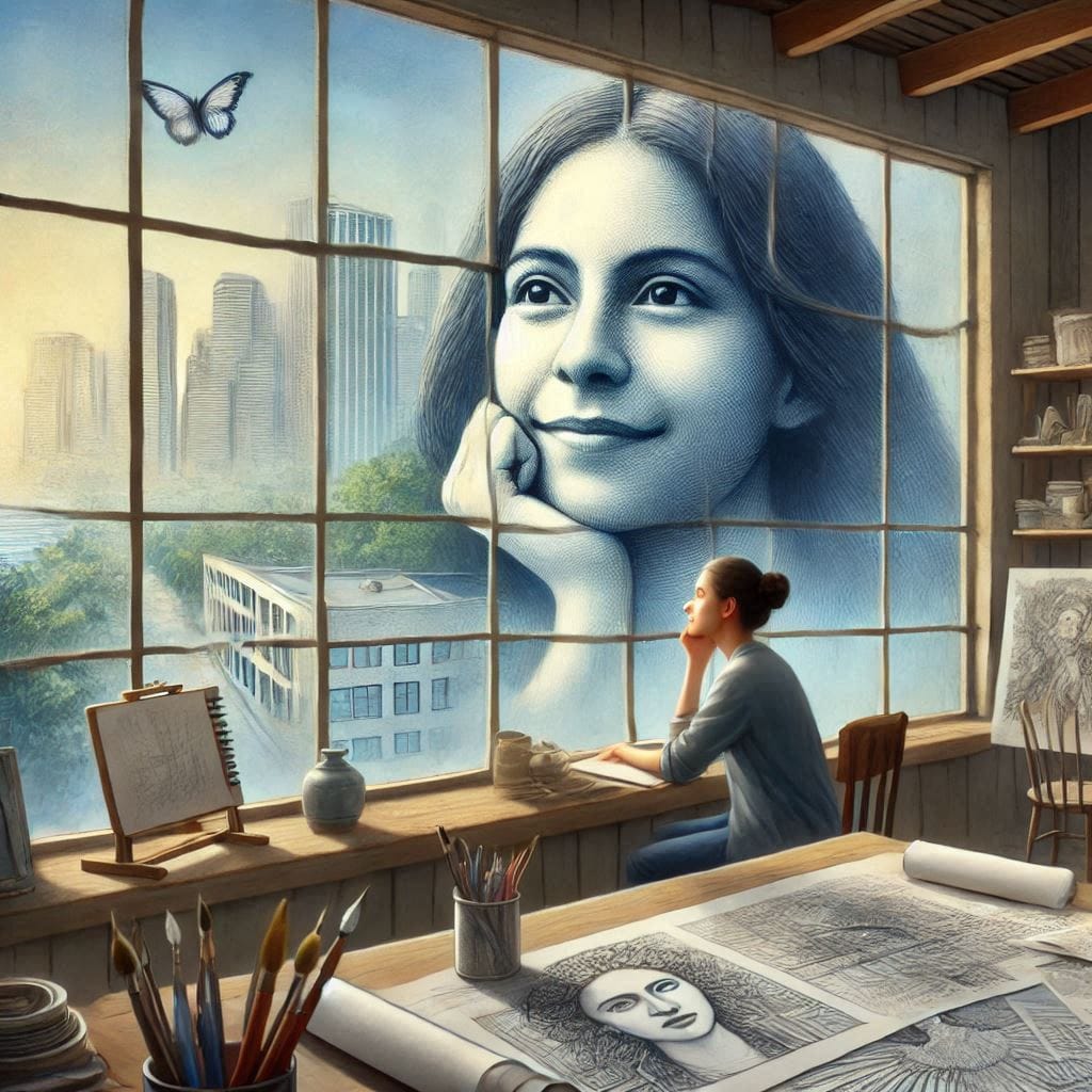 A contemplative scene with girl looking out of a large window in her studio