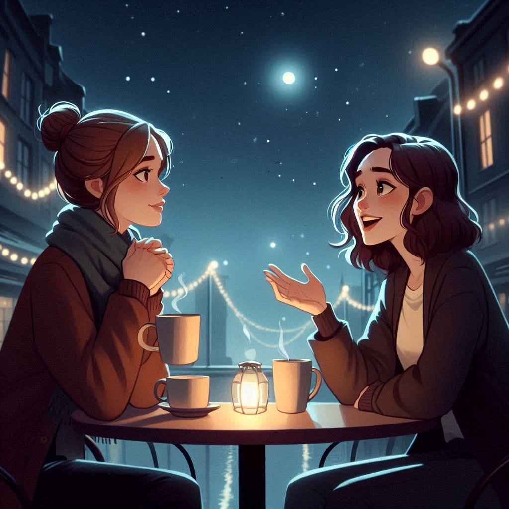 Don't count the days: A cozy, dimly lit outdoor café, with Claire and Jenna