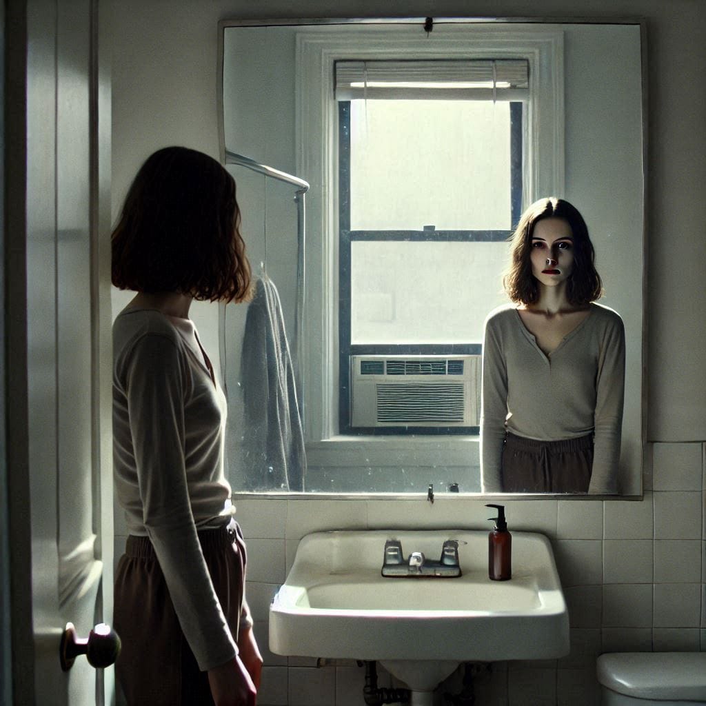 Girl in a small, sterile apartment bathroom.