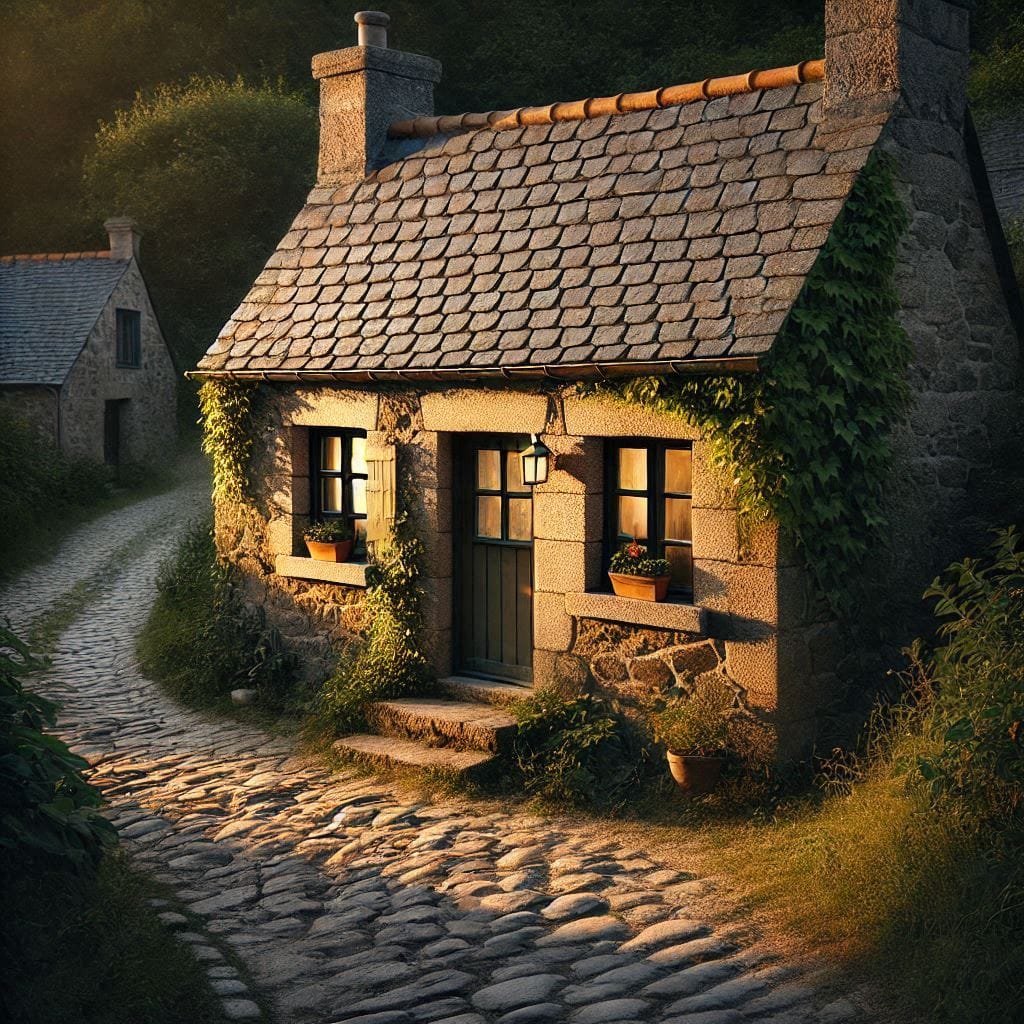 The purpose of art: A small, weathered cottage on the edge of a village.