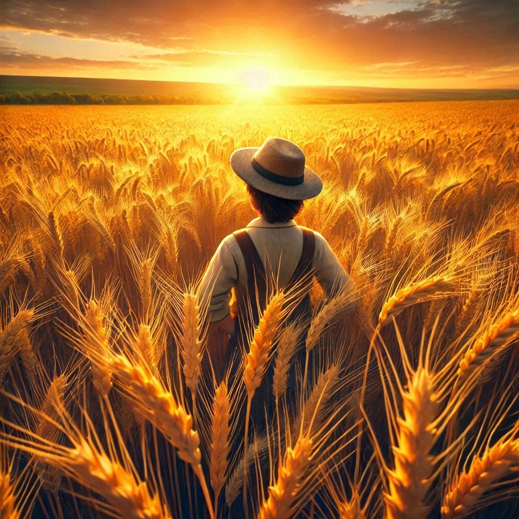 A vibrant, lush field full of golden wheat swaying in the breeze