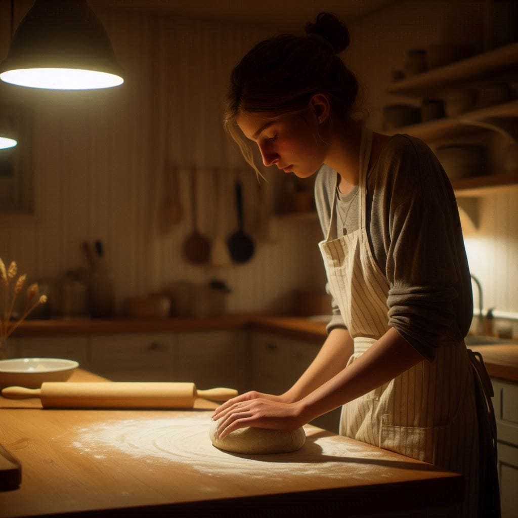 Opportunities don't happen: A warm kitchen at night, with Sophie wearing an apron,