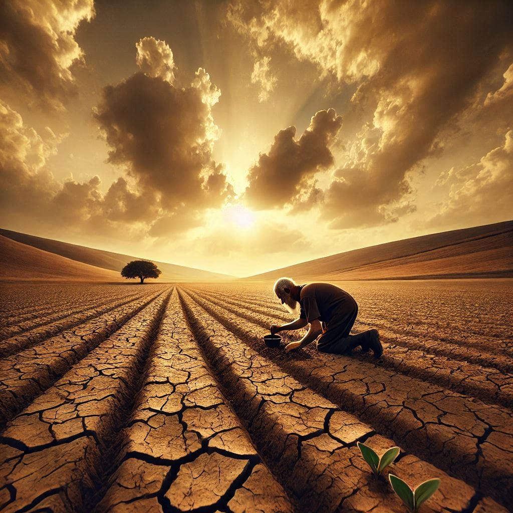 Don't judge each day: A wide shot of a vast field with an old farmer