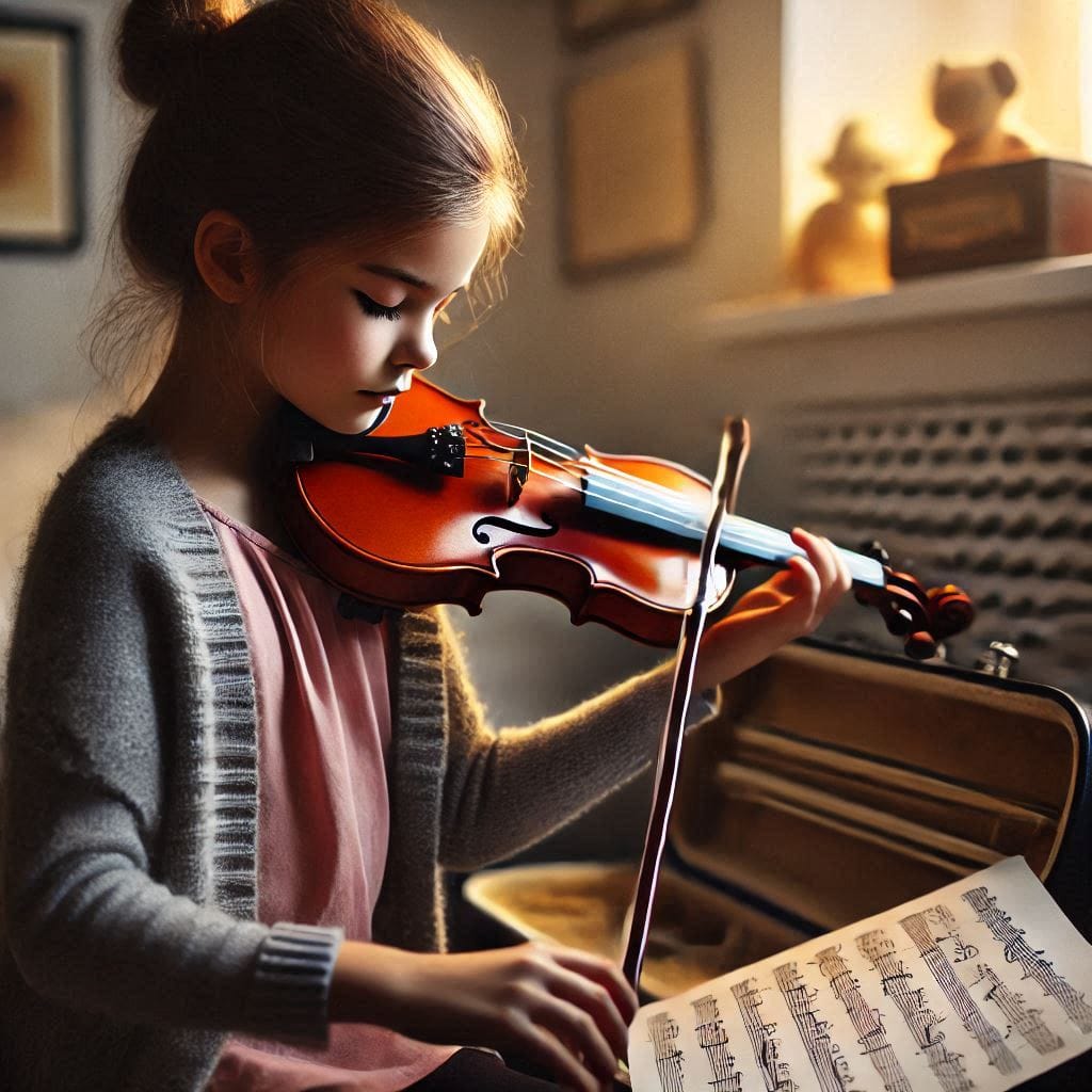 What you get by achieving: A young girl named Elena practicing with her violin