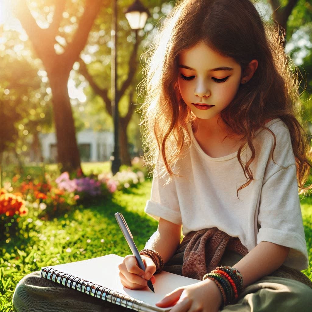 The only way to do great work: A young girl sitting on the grass in a park