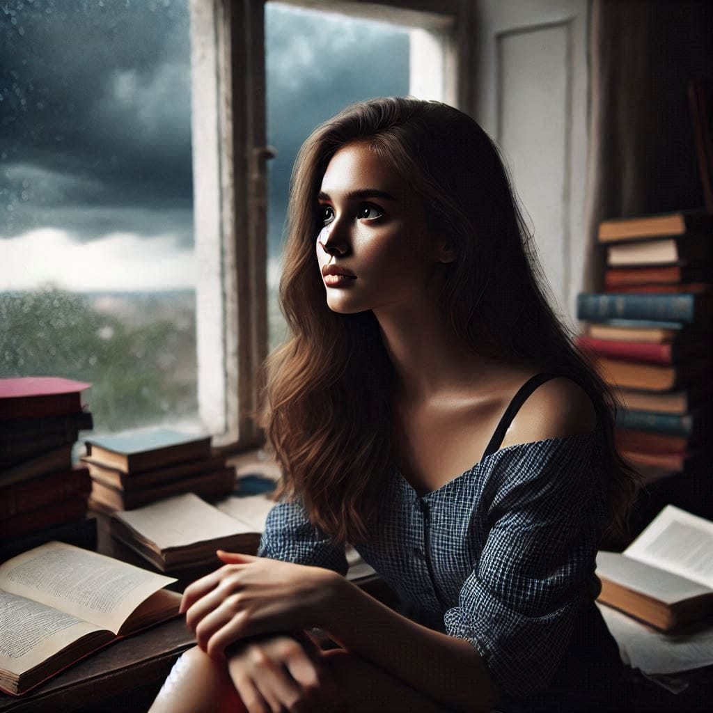 A young woman sitting in a dimly lit room