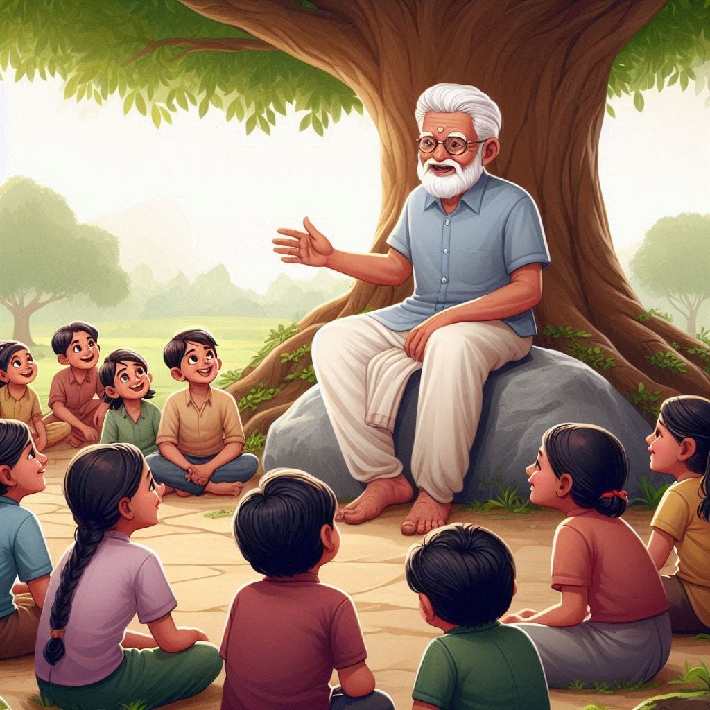 Happiness is not something ready: An elderly man with a warm smile is sitting on a large stone under a tree.