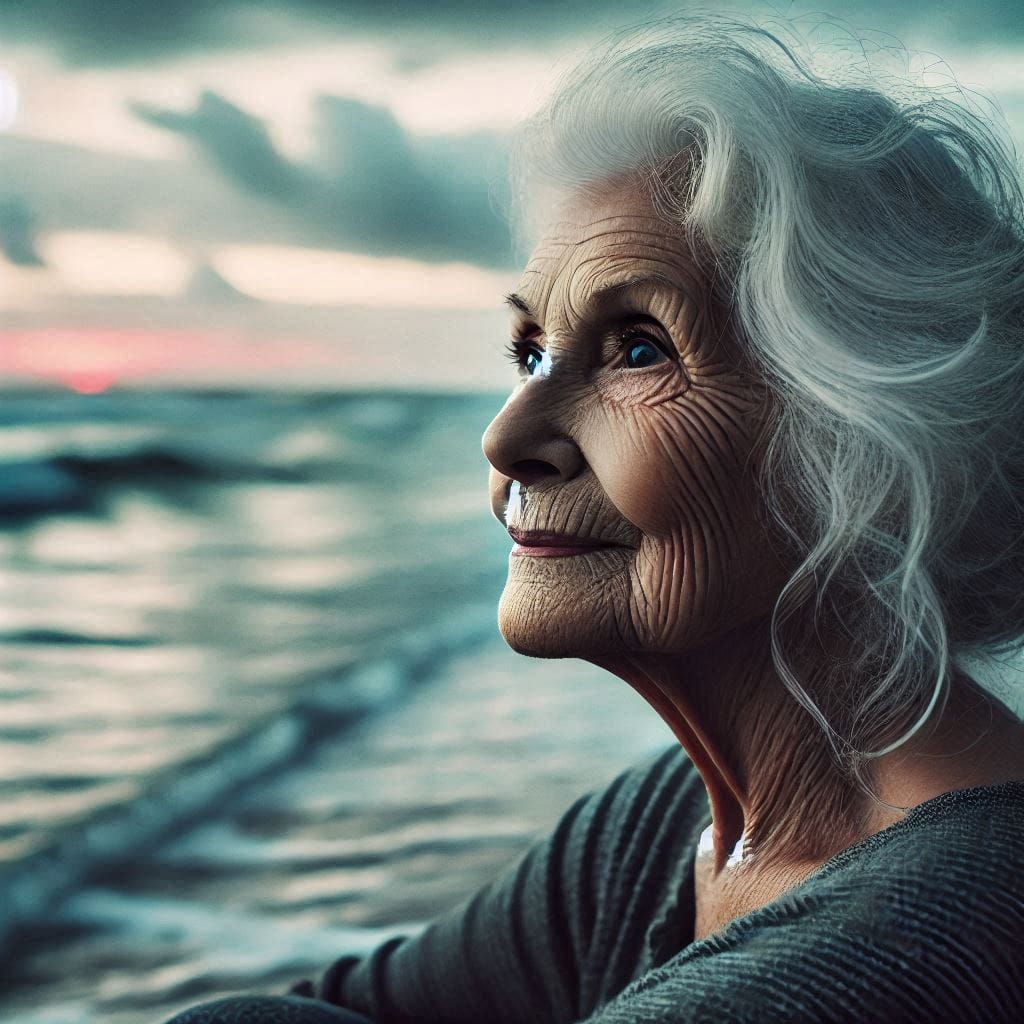 You cannot swim: An elderly woman, with silver hair and weathered skin