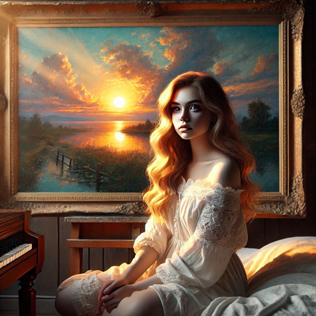 Clara sitting in front of the painting of the sunset