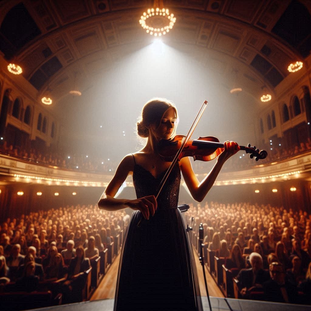 What you get by achieving: Elena standing on stage in a grand concert hall