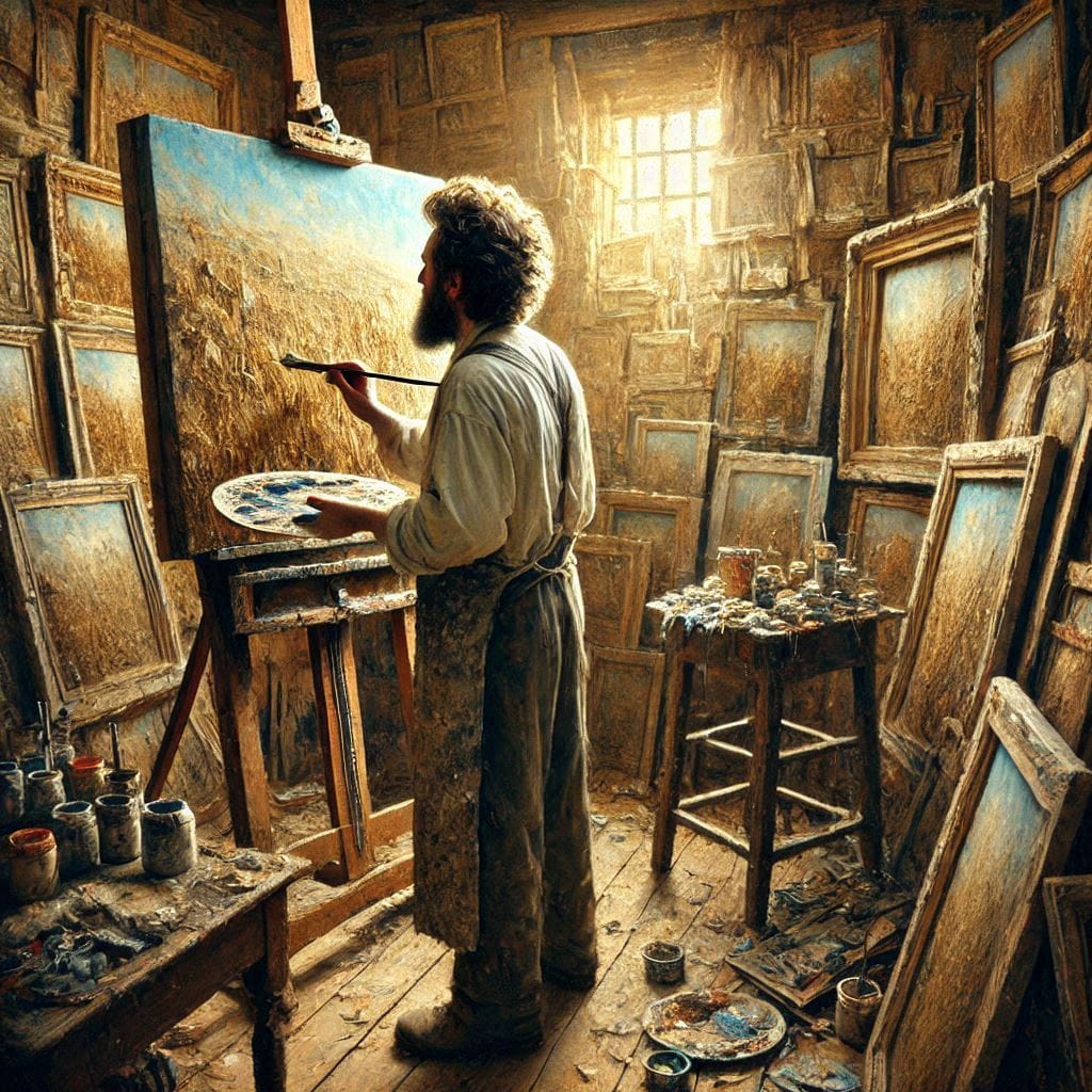 Eli standing at his easel, brush in hand