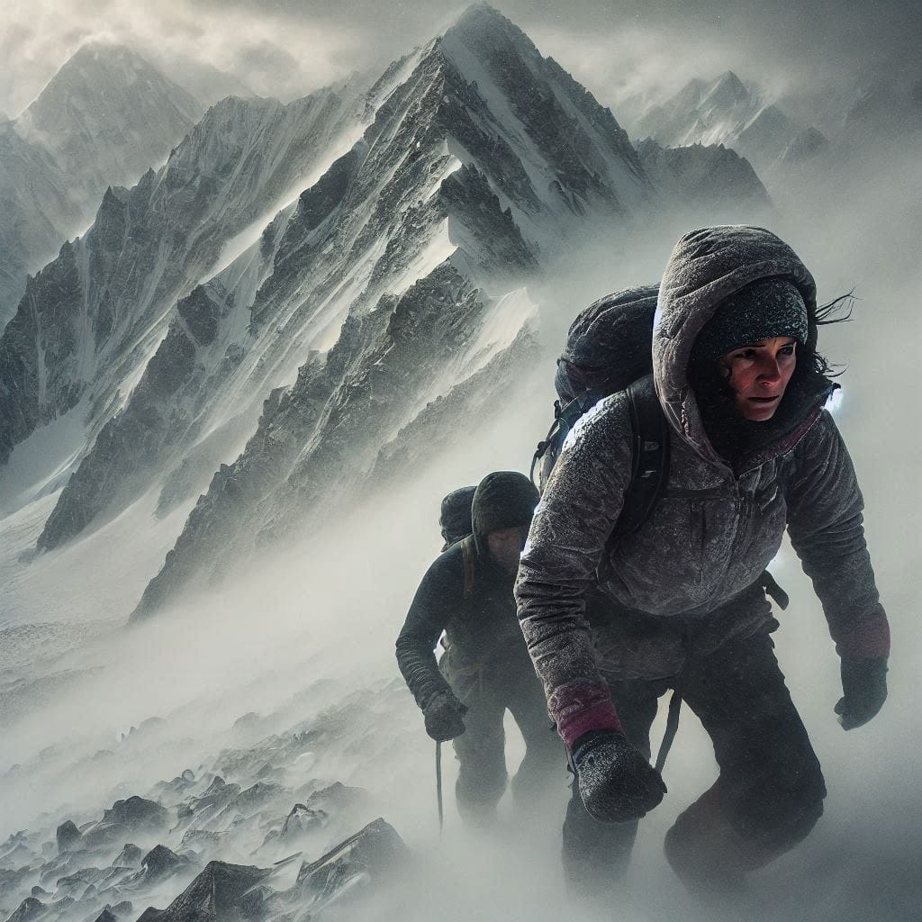 It always seems impossible: Girl and her guide climbing through fierce winds and thick snow