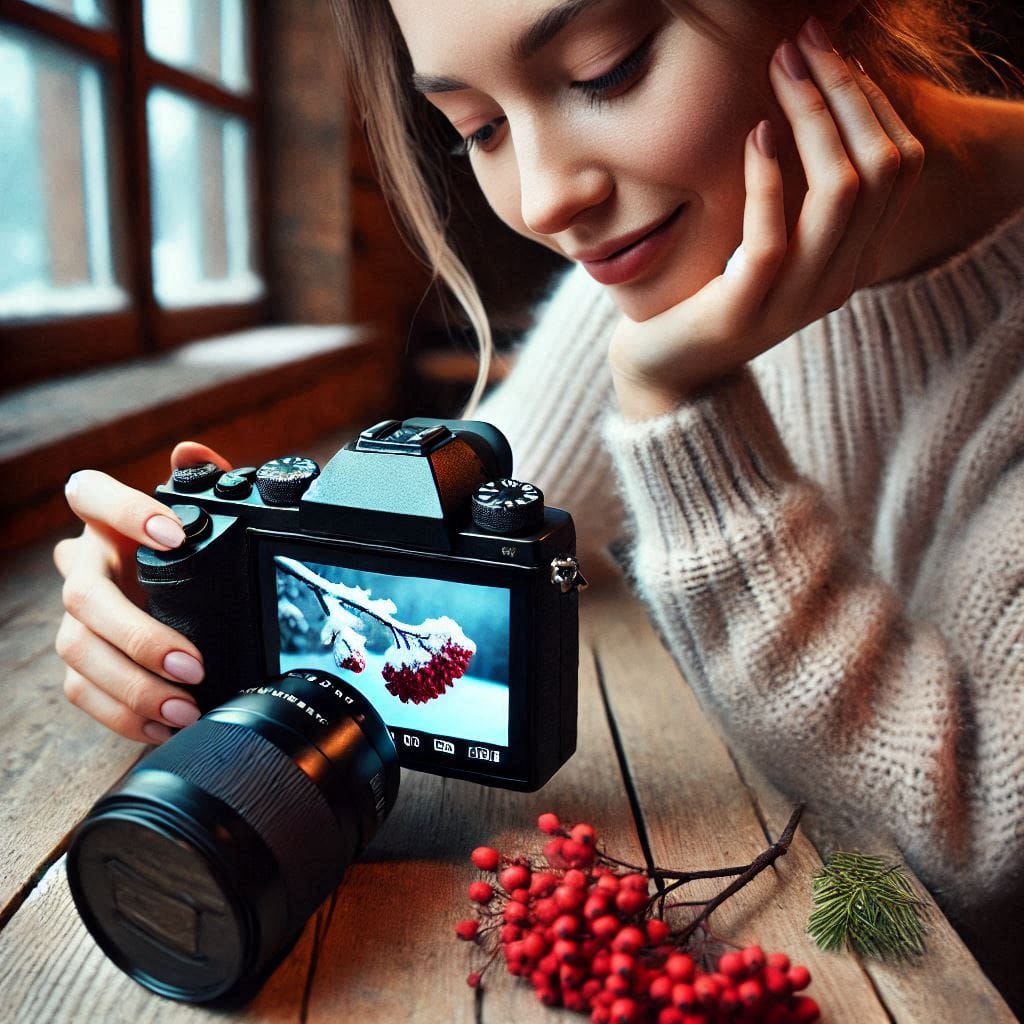 Girl sitting at a wooden table, reviewing her photos