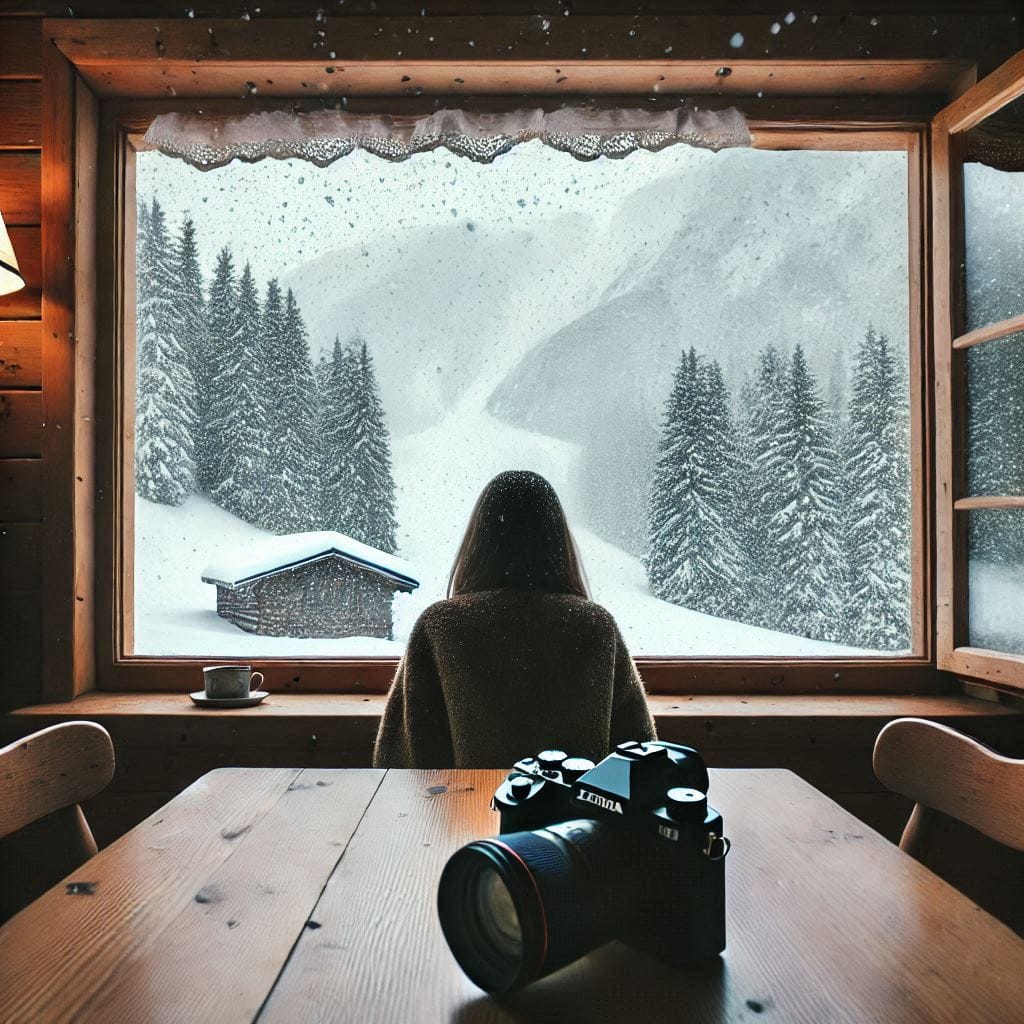 In the middle of every difficulty: Girl sitting by a window in her mountain lodge