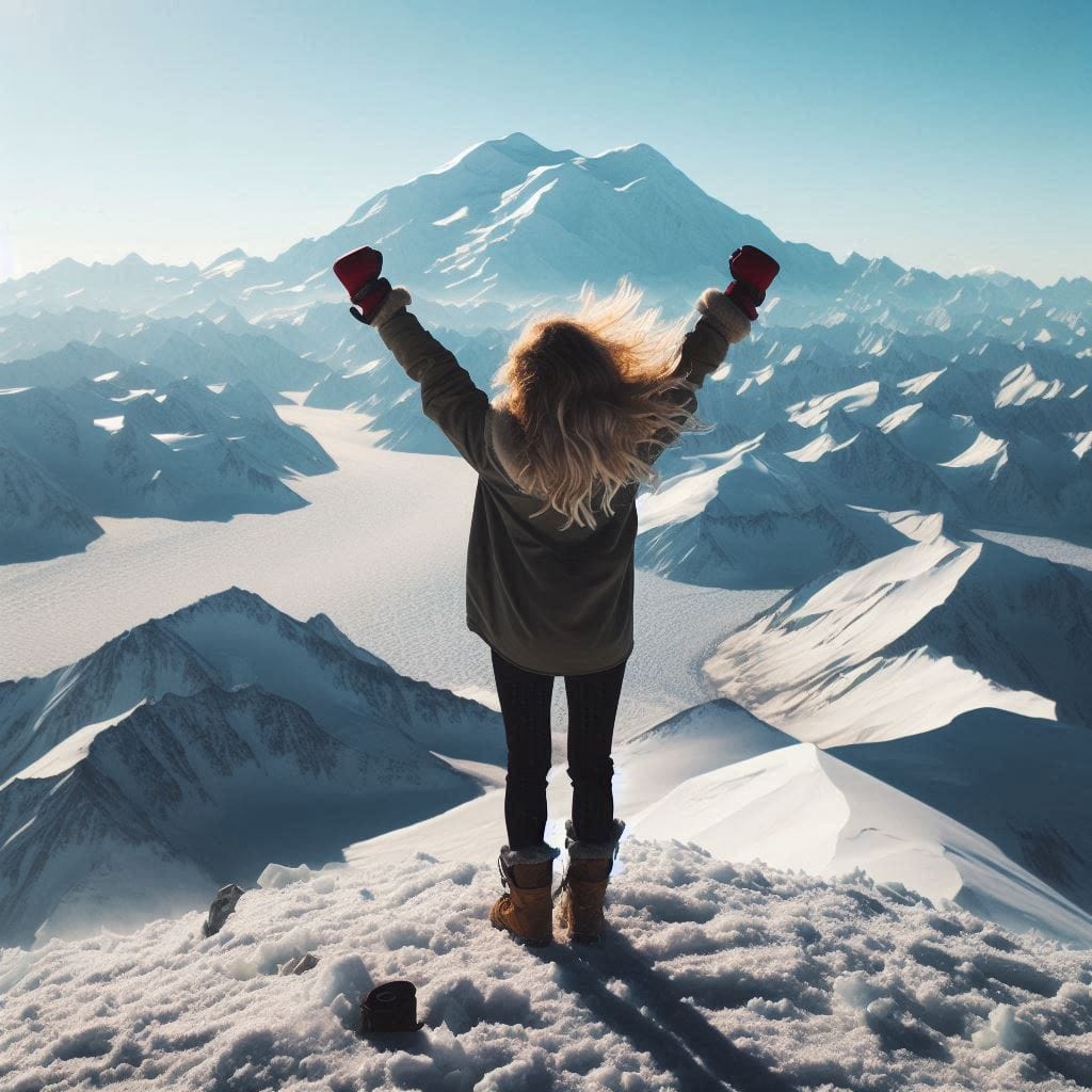 Girl standing triumphantly at the summit of Mount Denali