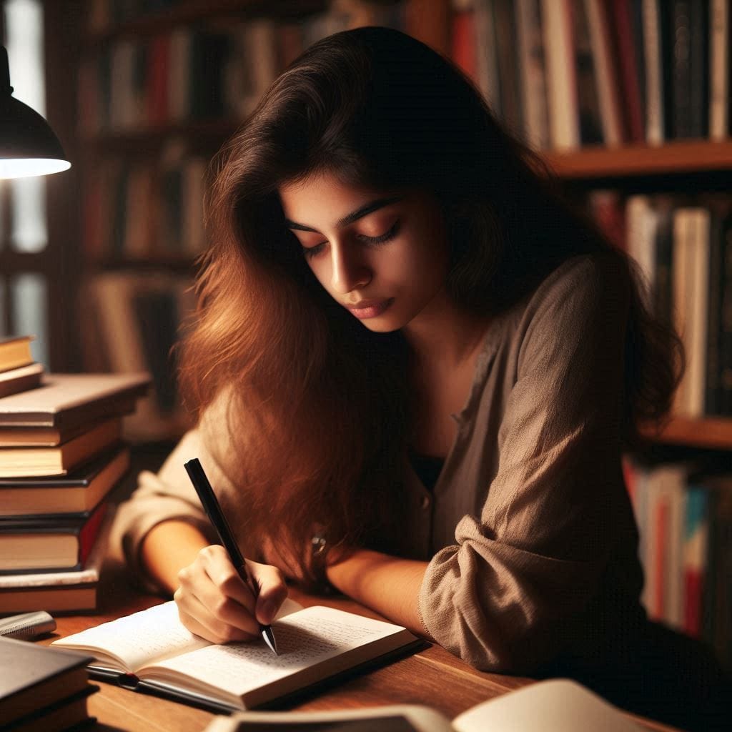 Kajal sitting at a wooden desk with a notebook and pen