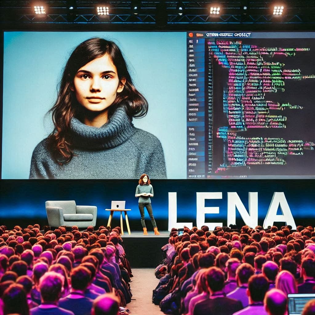 Lena on a stage with a big screen behind her