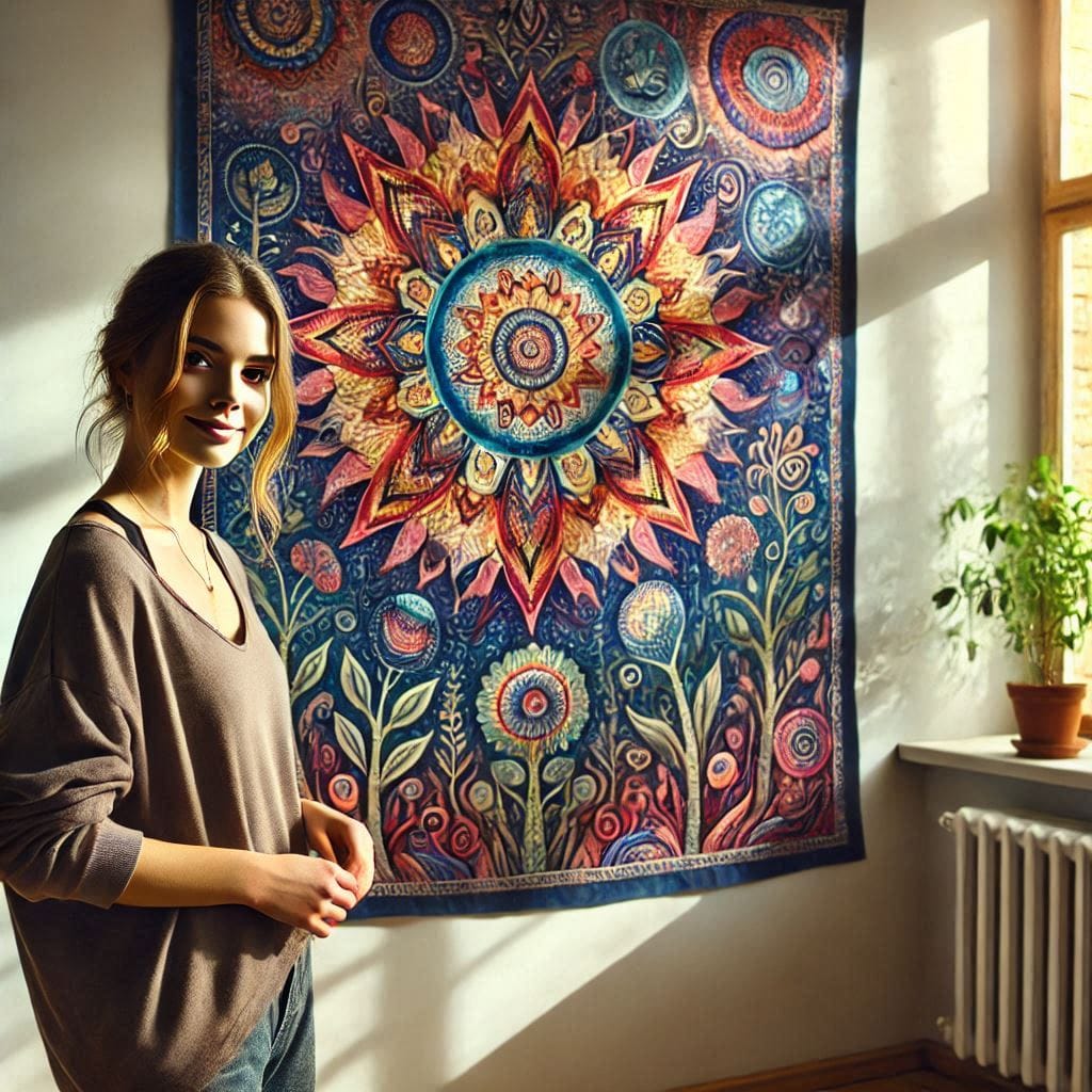 Mara standing proudly in front of her new tapestries