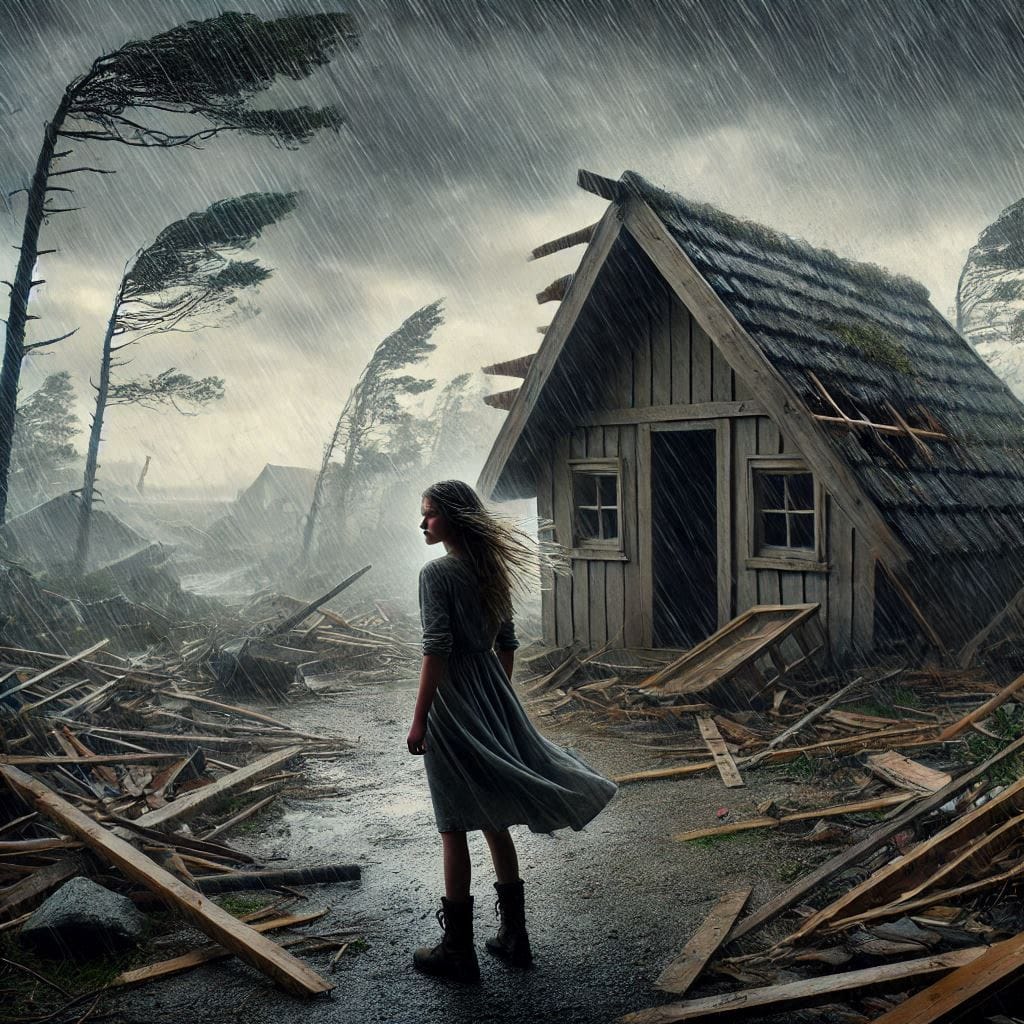 It's not what happens to you:Mara stands in the ruins of her small cottage after the storm.