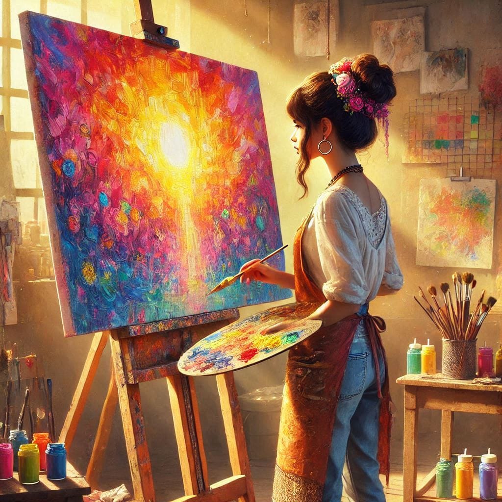 The mind is everything: A girl standing in front of a large canvas