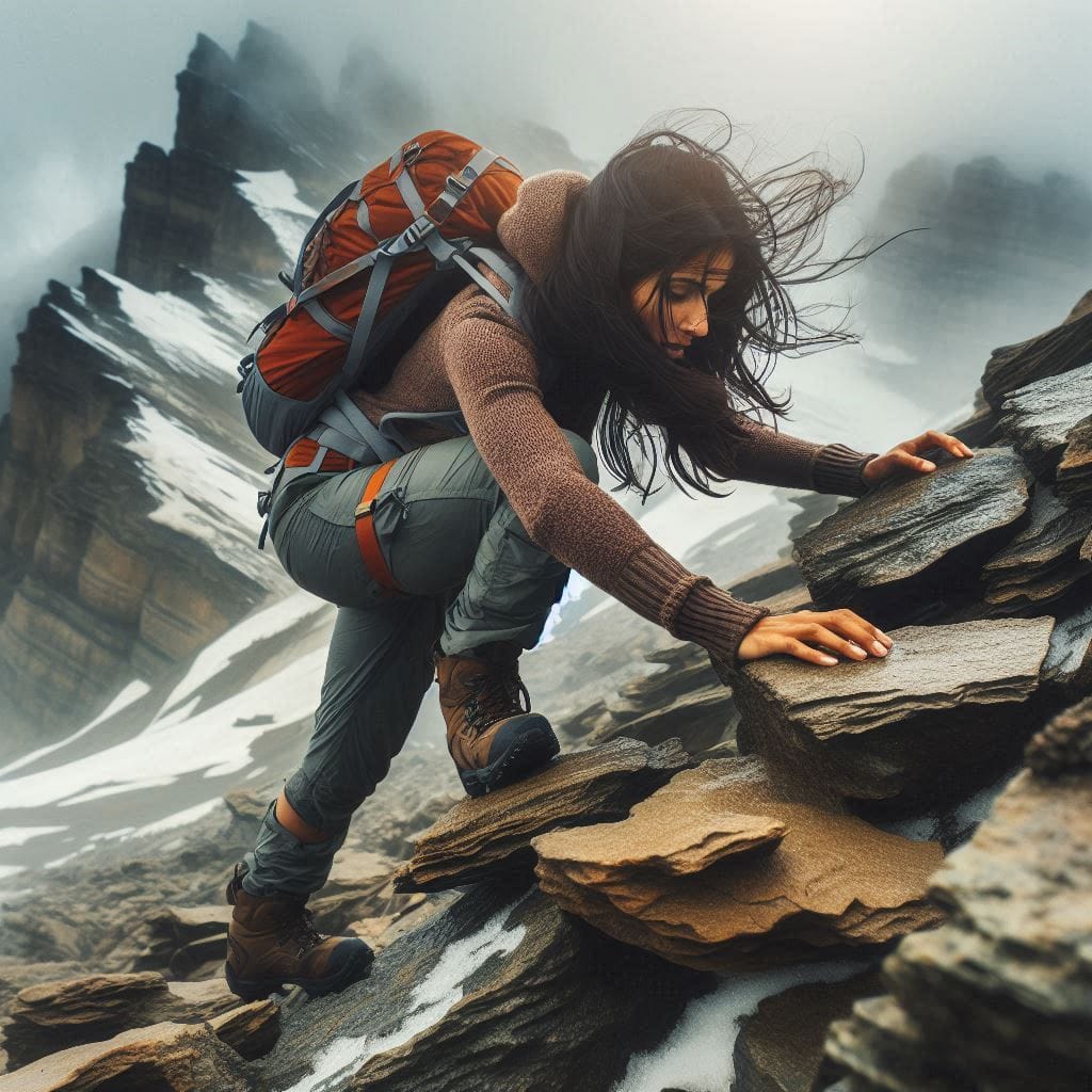 Preeti climbing up the rugged mountain, carefully stepping over rocks