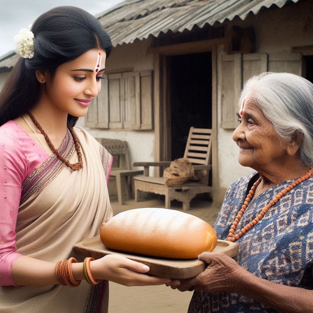 Happiness is not something ready: Radhika is standing in front of an elderly womans modest cottage.