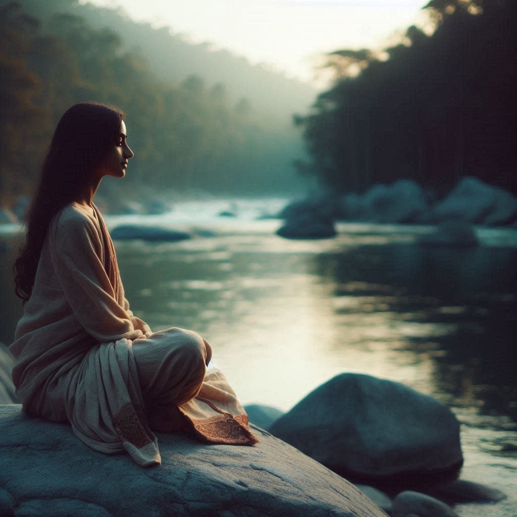 Radhika sitting on a large rock beside a serene river, looking out at the water.