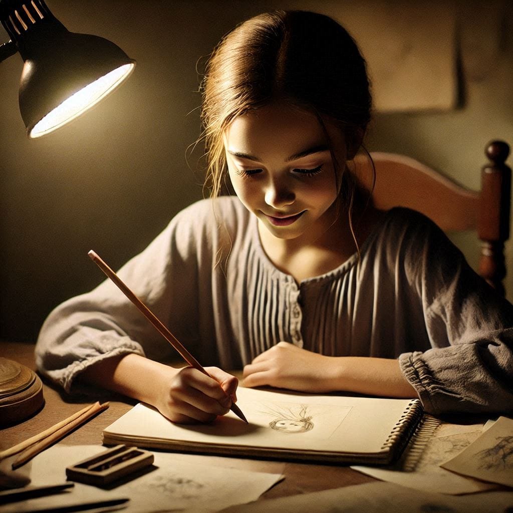 Sophia sitting at a small wooden desk, sketching in a notebook with a pencil.