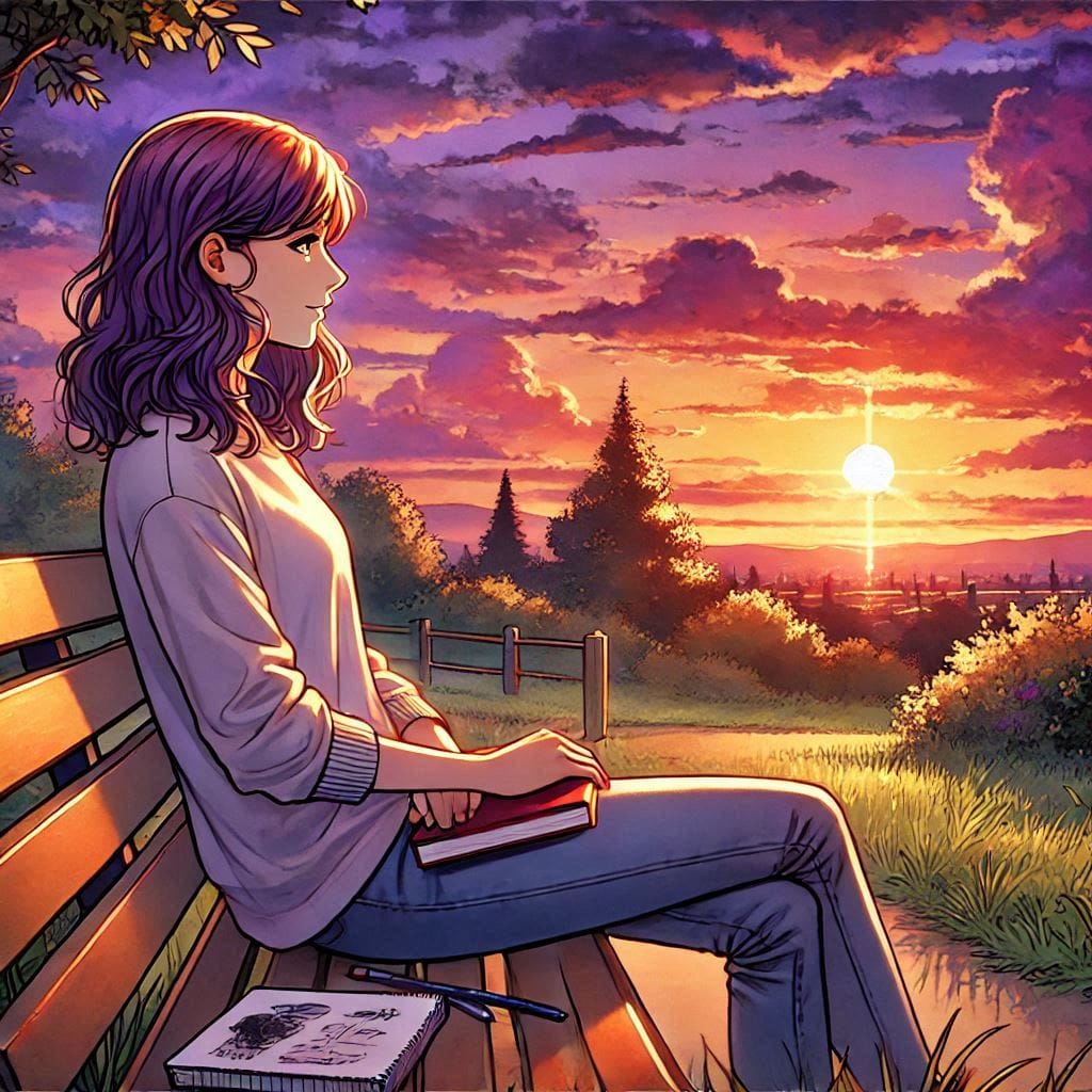 Sophia sitting on a park bench, gazing at the sunset.