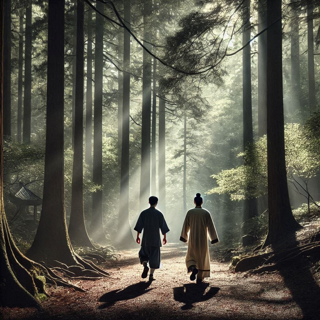 Knowing others is intelligence: Two men walking along a shaded forest path