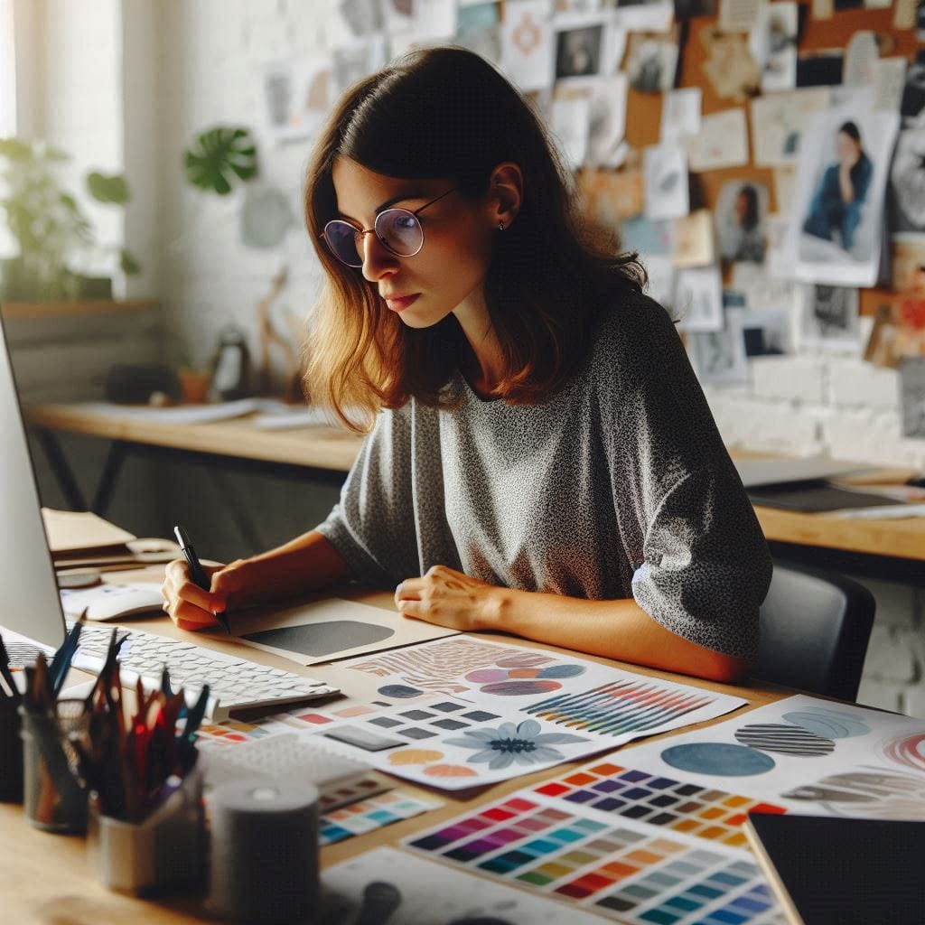 girl at her desk, focused