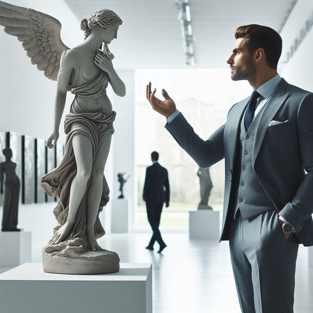 We may encounter: A art collector, standing in a gallery, admires one of Elaras sculptures.