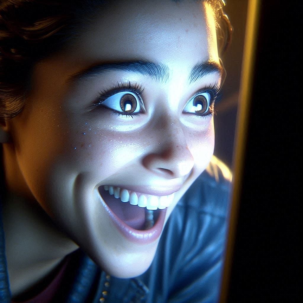 A close-up of Lena, wide-eyed and thrilled, staring at her computer screen,