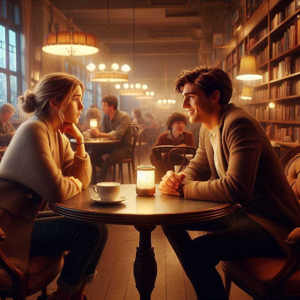 The secret of getting ahead: A cozy café setting . Emma and Alex sit at a corner table