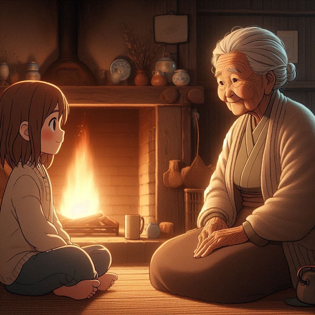 Fall Down Seven Times: A cozy living room with a warm fire crackling in the hearth. Emi and her grandmother