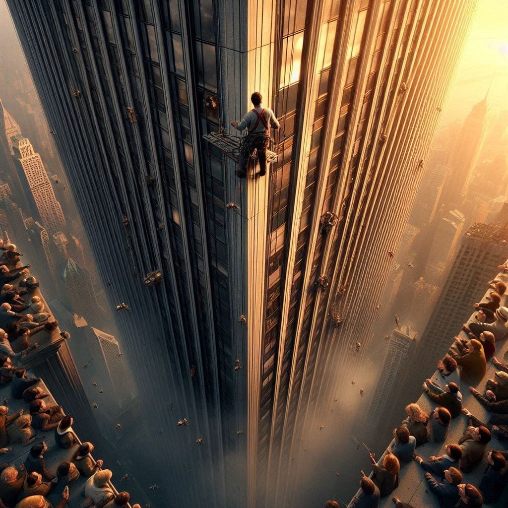 Nothing is impossible: A crowd gathers at the base of the skyscraper