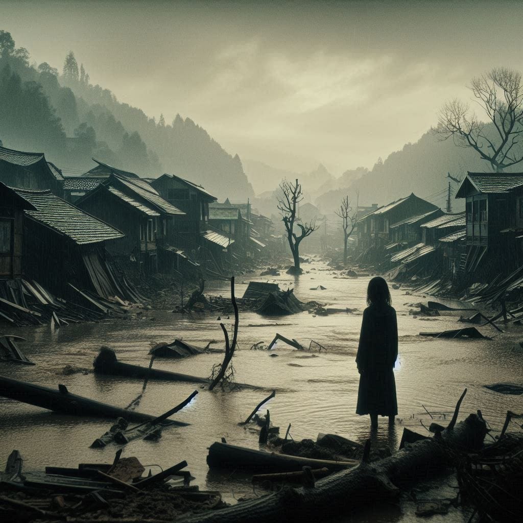 Hardships often prepare ordinary people: A devastated village scene after a violent flood