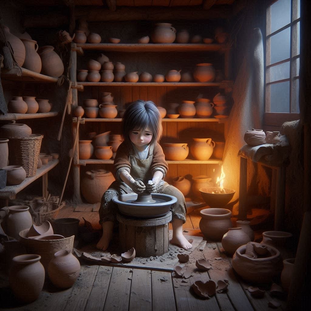 Fall Down Seven Times: A modest pottery workshop, with shelves full of broken and cracked pots