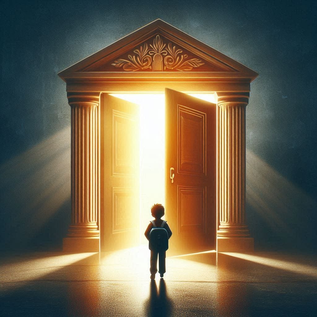 A symbolic image of a school door wide open