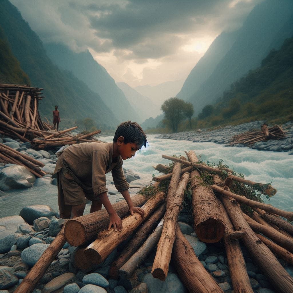 If you can dream it: A young boy standing on the edge of a mountain river, collecting logs and stones