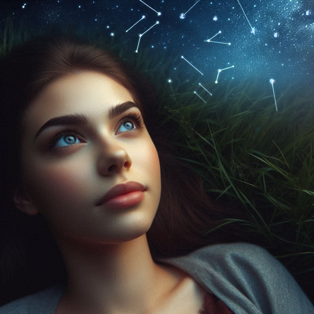 The only limit to our realization: A young woman lying on the grass under a starry night sky