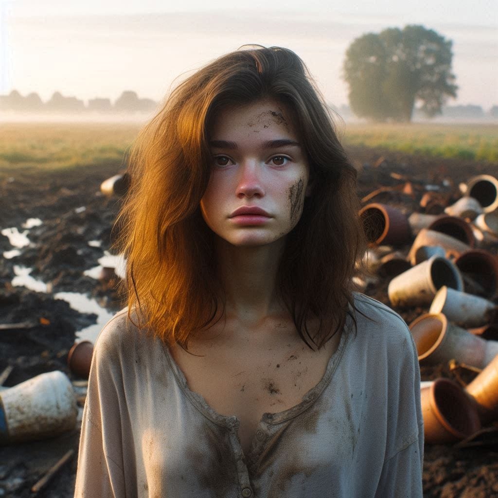 We may encounter: A young woman stands in the muddy field, surrounded by broken pottery and debris