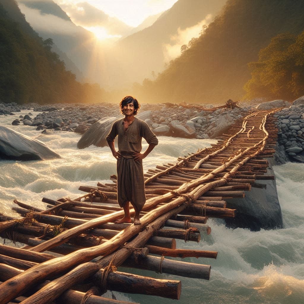 If you can dream it: Boy stands proudly on the completed bridge.