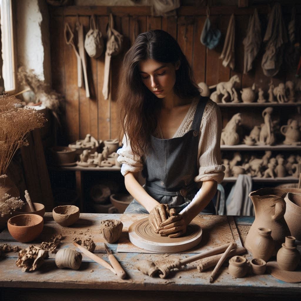 We may encounter: Elara sitting at a rustic wooden table in a cozy, well-lit workshop,