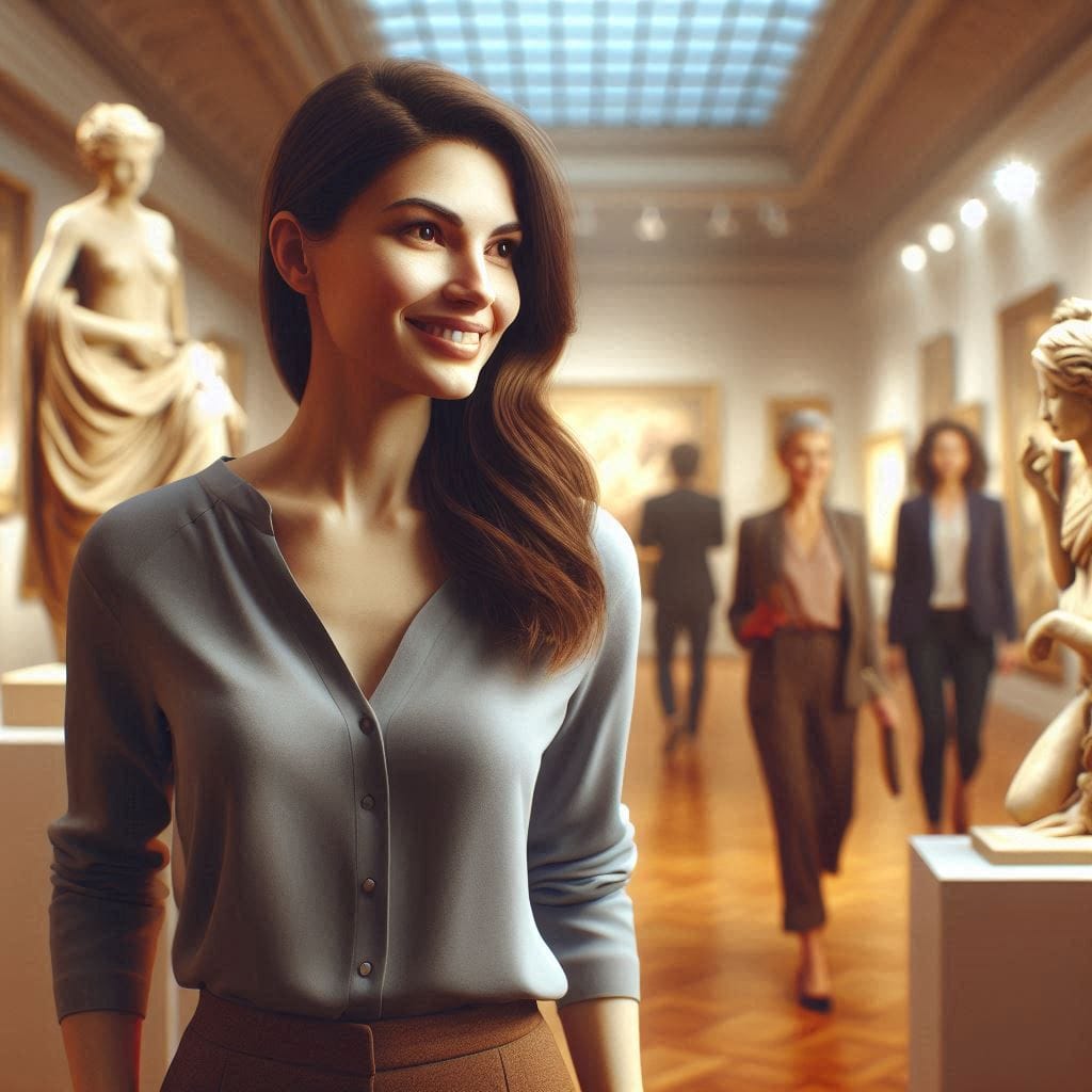 Elara stands in front of a gallery filled with her