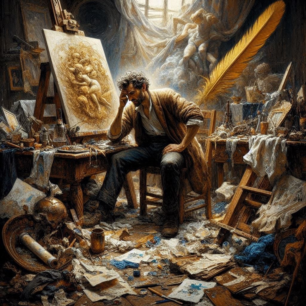 Elias in his studio, frustrated, with a chaotic painting